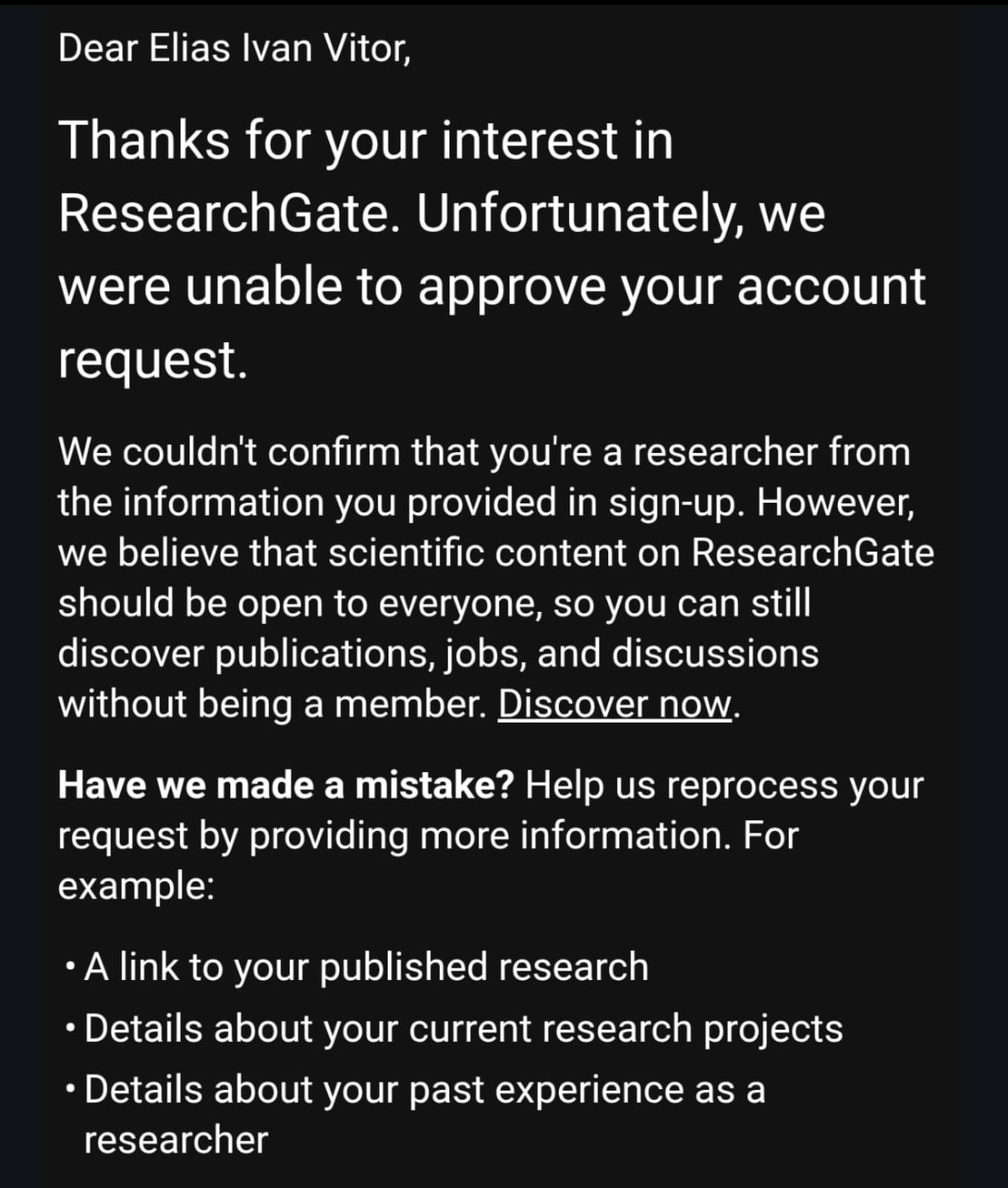 ResearchGate Rejection